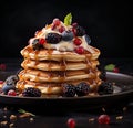 Pancake Breakfast with Berries and Honey , Close Up . AI generated Illustration