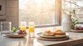 A pancake breakfast plate in a wide shot of a beautiful modern kitchen with beautiful morning. Generative AI