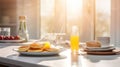 A pancake breakfast plate in a wide shot of a beautiful modern kitchen. AI Generative