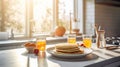 A pancake breakfast plate in beautiful modern kitchen with beautiful morning light. AI Generative