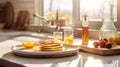 A pancake breakfast plate in a wide shot of a beautiful modern kitchen with beautiful morning. AI Generative