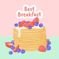 Pancake breakfast vector illustration. Breakfast meal poster. Pancakes with blueberry and strawberry.