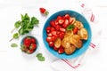 Pancake cereal, mini pancakes with fresh strawberry in a bowl with maple syrup Royalty Free Stock Photo