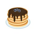 Pancake with chocolate and blueberries on a plate in flat style, single element for design. food, american dessert