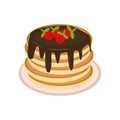 Pancake with chocolate and strawberries on a plate in flat style, single element for design. food, american dessert