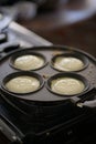 Pancake cooking on the pan. Royalty Free Stock Photo