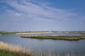 `Pancake Country`: Typical flat Dutch Landscape of green Meadows, Ditches, blue Sky with white Clouds reflecting in the water Royalty Free Stock Photo