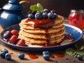 Delicious homemade pancakes with strawberries, blueberries and syrup on plate Royalty Free Stock Photo