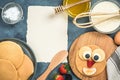 Recipe and ingredients for pancakes with funny face for kids Royalty Free Stock Photo