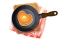 Pancake heart shape on frying pan, wooden board and kitchen towel top view in cartoon style isolated on white background Royalty Free Stock Photo