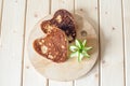 Pancake hearts on a wooden background