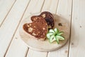 Pancake hearts on a wooden background