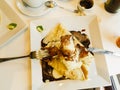 Pancake with ice cream and chocolate sauce Royalty Free Stock Photo
