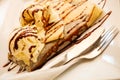 Pancake with ice cream and chocolate sauce Royalty Free Stock Photo