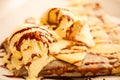 Pancake with ice cream and chocolate sauce Royalty Free Stock Photo