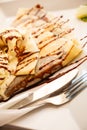 Pancake with ice cream and chocolate sauce Royalty Free Stock Photo