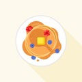 Pancake icon it aerial view with maple syrup, butter, blueberry and raspberry