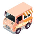 Pancake icon isometric vector. Retro pink vehicle selling pancake in street icon