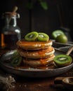 A Pancake with Kiwi Slices and Maple Syrup