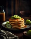 A Pancake with Kiwi Slices and Maple Syrup