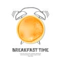 Pancake, letters and hand drawn watercolor alarm clock isolated on white background. Vector design for breakfast menu