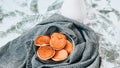 Pancake porridge, mini pancakes in a bowl with maple syrup. Milk on background. Dutch mini pancakes are called strawberry potato Royalty Free Stock Photo