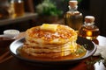 Pancake realistic food with honey drop, have a blank space, on wood table, in kitchen room Generate Ai food.