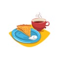 Pancake with sour cream, folded into triangle on plate and mug of hot coffee. Healthy and tasty dessert. Breakfast