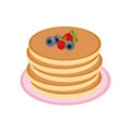 Pancake with strawberries and blueberries on a plate in flat style, single element for design. food, american dessert