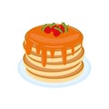 Pancake with strawberries, maple syrup, honey on a plate in vector flat style, single element for design. food, american