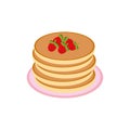 Pancake with strawberries on a plate in flat style, single element for design. food, american dessert