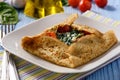 Pancake stuffed with spinach, feta cheese and tomatoes. Royalty Free Stock Photo