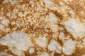 Pancake surface texture and pattern. Close-up of thin hot pancakes in a plate. Traditional rustic food. Graphic resource Royalty Free Stock Photo
