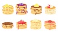 Pancake with toppings. Stack pancakes with chocolate, honey, butter and fresh berries. Cute cartoon sweet home breakfast