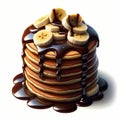 Pancakes with banana and chocolate sauce on top on white background