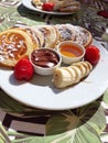 The pancakes with banana and strawberry Royalty Free Stock Photo