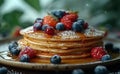 Pancakes with berries and maple syrup on plate Royalty Free Stock Photo