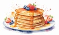 Pancakes with berries and maple syrup. Watercolor hand drawn illustration Royalty Free Stock Photo