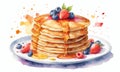 Pancakes with berries and maple syrup. Watercolor hand drawn illustration Royalty Free Stock Photo