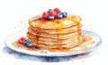 Pancakes with berries and maple syrup. Watercolor hand drawn illustration Royalty Free Stock Photo