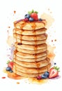 Pancakes with berries and maple syrup. Watercolor illustration. Royalty Free Stock Photo