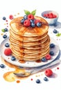 Pancakes with berries and maple syrup. Watercolor illustration. Royalty Free Stock Photo