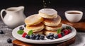 Pancakes with berries sprinkled with powdered sugar. Generative AI