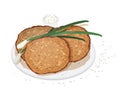 Pancakes, blini or crepes served on plate with scallion or green onion and sauce isolated on white background