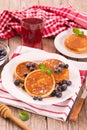 Pancakes with blueberries and chocolate cream. Royalty Free Stock Photo