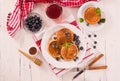 Pancakes with blueberries and chocolate cream. Royalty Free Stock Photo