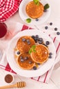 Pancakes with blueberries and chocolate cream. Royalty Free Stock Photo