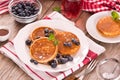 Pancakes with blueberries and chocolate cream. Royalty Free Stock Photo
