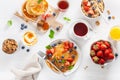 pancakes with blueberry strawberry honey and quinoa for breakfast