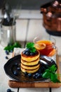 Pancakes with blueberry..style rustic  .selective focus Royalty Free Stock Photo